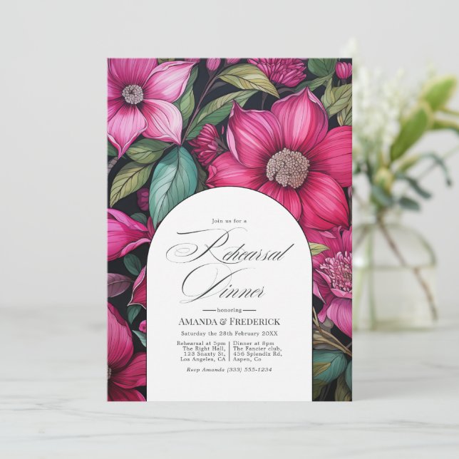 Convite Jantar de Ensaios Fuchsia, Verde Esmeralda e Preto (Em pé/Frente)