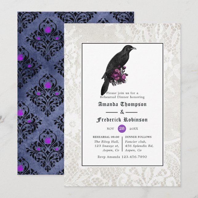 Convite Jantar de Ensaios Gótico com Damask Floral e Renda (Frente/Verso)