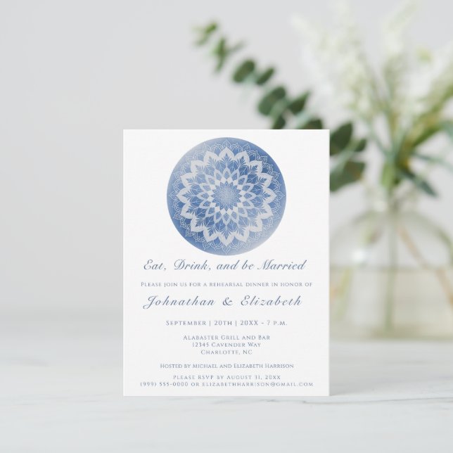 Convite Jantar de Ensaios Mandala de Renda Azul (Em pé/Frente)