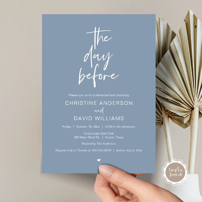Convite Jantar de Ensaios Moderno, Na véspera (The day before, Wedding Rehearsal Lunch Invitation Card, Modern Minimalist Script, Dusty Blue)