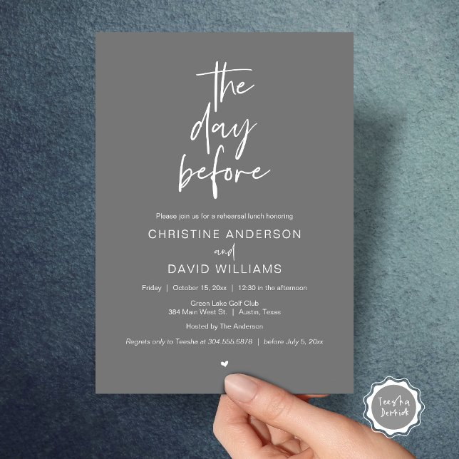 Convite Jantar de Ensaios Moderno, Na véspera (The day before, Wedding Rehearsal Lunch Invitation Card, Modern Minimalist Script, Dark Grey)