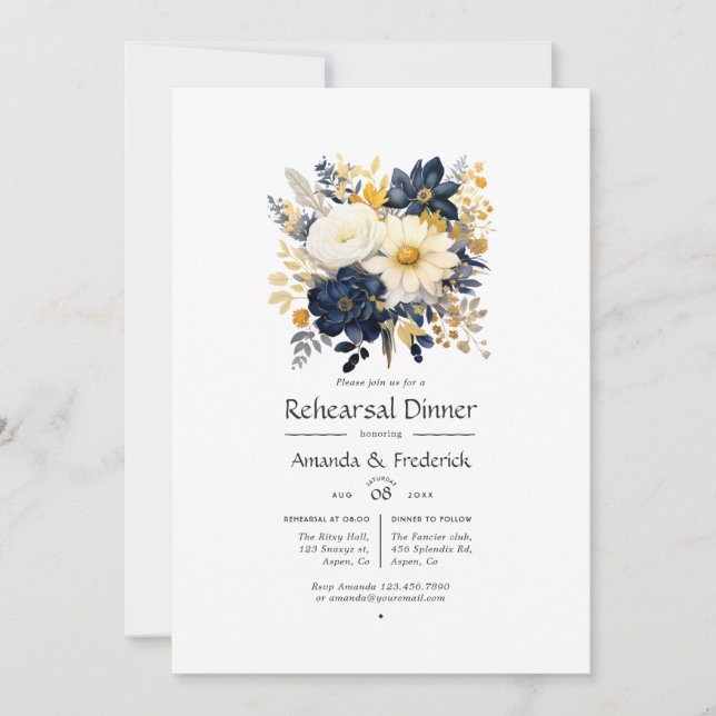 Convite Jantar de Ensaios Navais Florais Branco e Dourado (Frente)