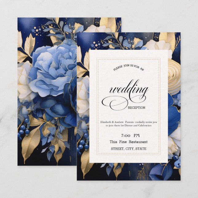 Convite Jantar de Ensaios Navy Blue Cream Flowers (Frente/Verso)