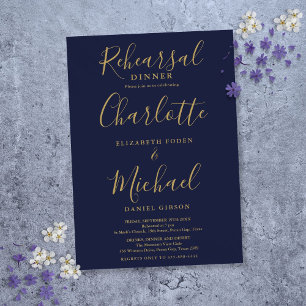 Convite Jantar de Ensaios Navy Blue Gold Signature Script
