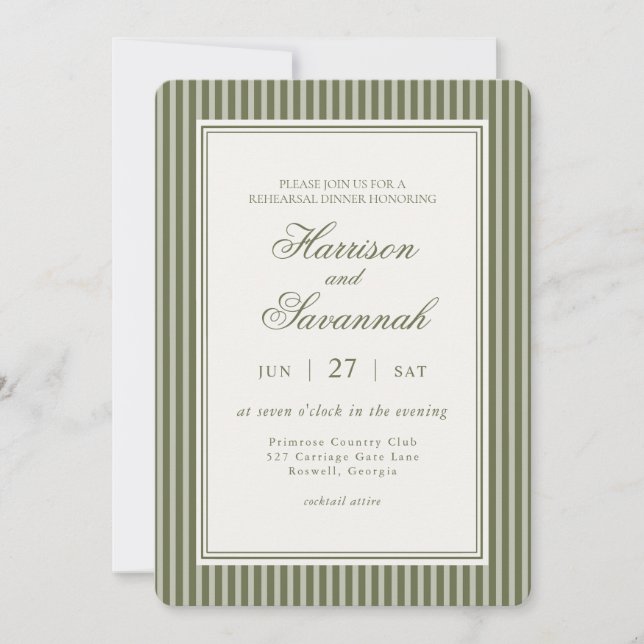 Convite Jantar de Ensaios Olive Martini Listrado Old Money (Frente)
