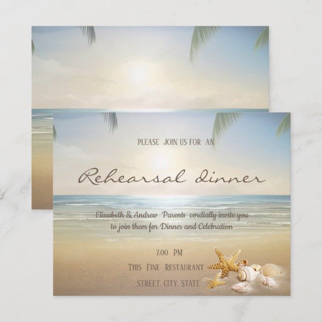 Convite Jantar de Ensaios Palms Sunset Beach Seashells (Frente/Verso)