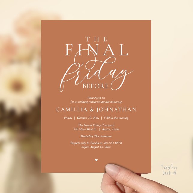 Convite Jantar de Ensaios Românticos “A Última Sexta-Feira (“The Final Friday Before” Romance Rehearsal Dinner Invitation Card in Copper Brown Terracotta)