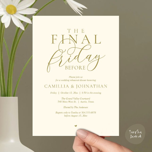 Convite Jantar de Ensaios Românticos “A Última Sexta-Feira (“The Final Friday Before” Romance Rehearsal Dinner Invitation Card in Yellow Gold Cream)