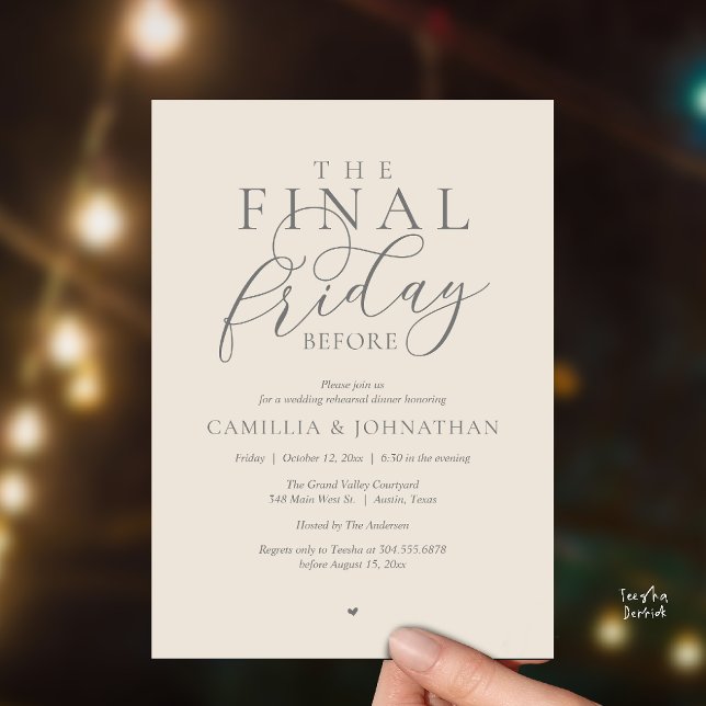 Convite Jantar de Ensaios Românticos “A Última Sexta-Feira (“The Final Friday Before” Romance Rehearsal Dinner Invitation Card in Cream Grey)