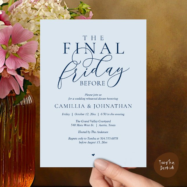 Convite Jantar de Ensaios Românticos “A Última Sexta-Feira (“The Final Friday Before” Romance Rehearsal Dinner Invitation Card in Misty Navy Blue)