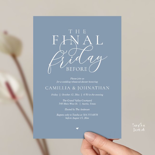 Convite Jantar de Ensaios Românticos “A Última Sexta-Feira (“The Final Friday Before” Romance Rehearsal Dinner Invitation Card in Dusty Blue)