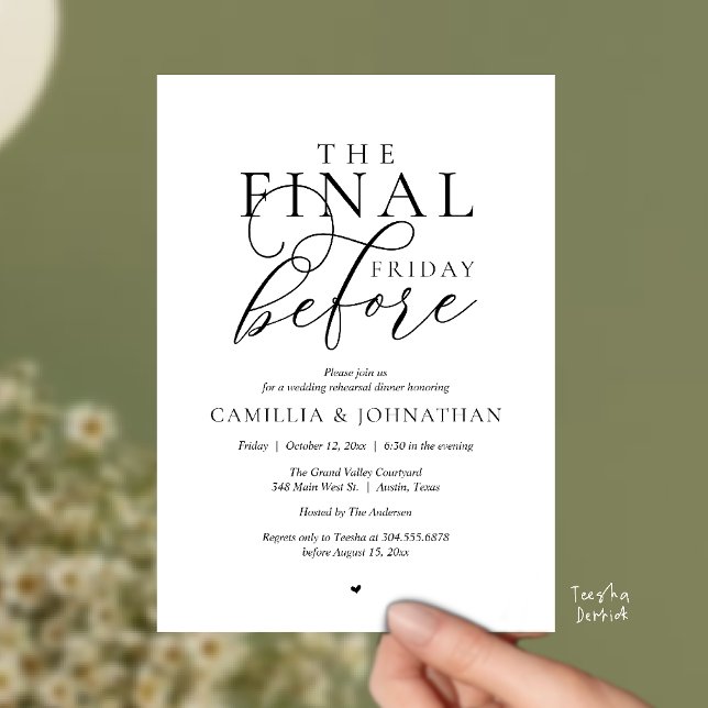 Convite Jantar de Ensaios Românticos “A Última Sexta-Feira (“The Final Friday Before” Romance Rehearsal Dinner Celebration Invitation Card in black and white)