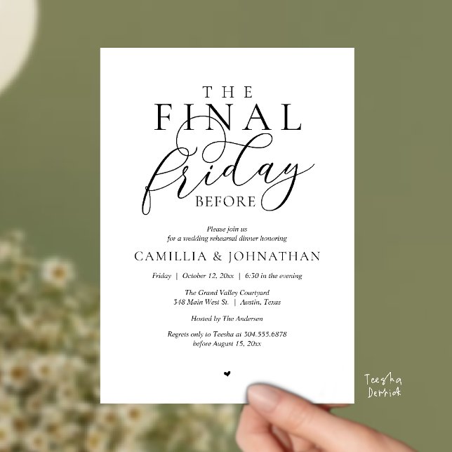 Convite Jantar de Ensaios Românticos “A Última Sexta-Feira (“The Final Friday Before” Romance Rehearsal Dinner Celebration Invitation Card in black and white)