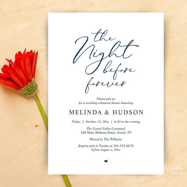 Convite Jantar de Ensaios Românticos da Noite Antes para S (Modern Romantic Wedding Rehearsal Dinner The Night Before Forever Invites Card in Navy Blue)