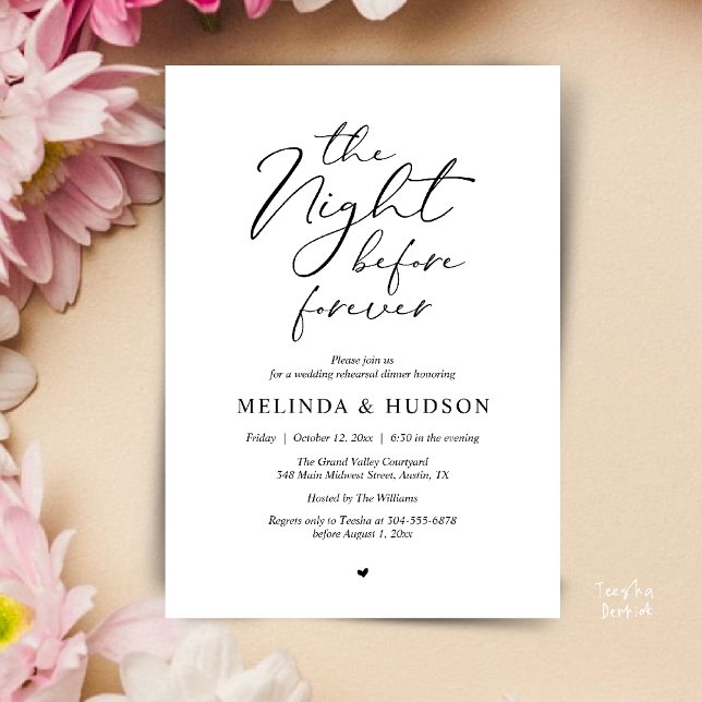 Convite Jantar de Ensaios Românticos da Noite Antes para S (Modern Romantic Wedding Rehearsal Dinner The Night Before Forever Invites Card in Black and White)