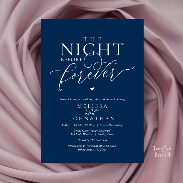 Convite Jantar de Ensaios Românticos da Noite Antes para S (The Night Before Forever Romantic Rehearsal Dinner Invitation Card Navy Blue)
