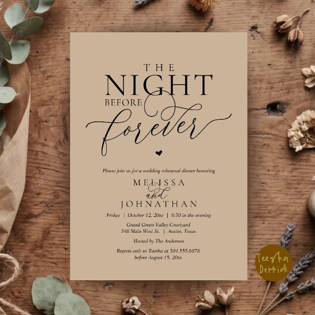 Convite Jantar de Ensaios Românticos da Noite Antes para S (The Night Before Forever Romantic Rehearsal Dinner Invitation Card Brown Tan)