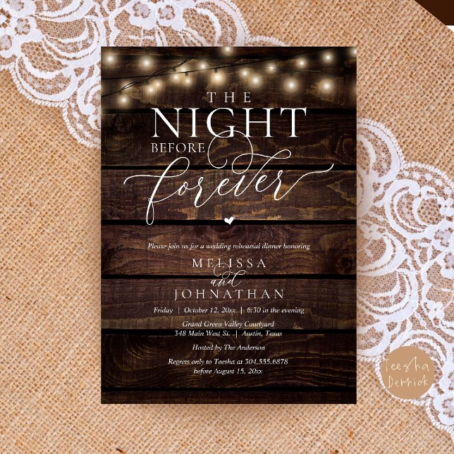 Convite Jantar de Ensaios Românticos da Noite Antes para S (The Night Before Forever Romantic Rehearsal Dinner Invitation Card Brown Wood String Lights)