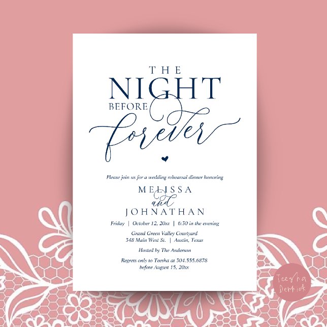 Convite Jantar de Ensaios Românticos da Noite Antes para S (The Night Before Forever Romantic Rehearsal Dinner Invitation Card Navy Blue)