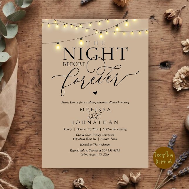 Convite Jantar de Ensaios Românticos da Noite Antes para S (The Night Before Forever Romantic Rehearsal Dinner Invitation Card Brown Tan String Lights)