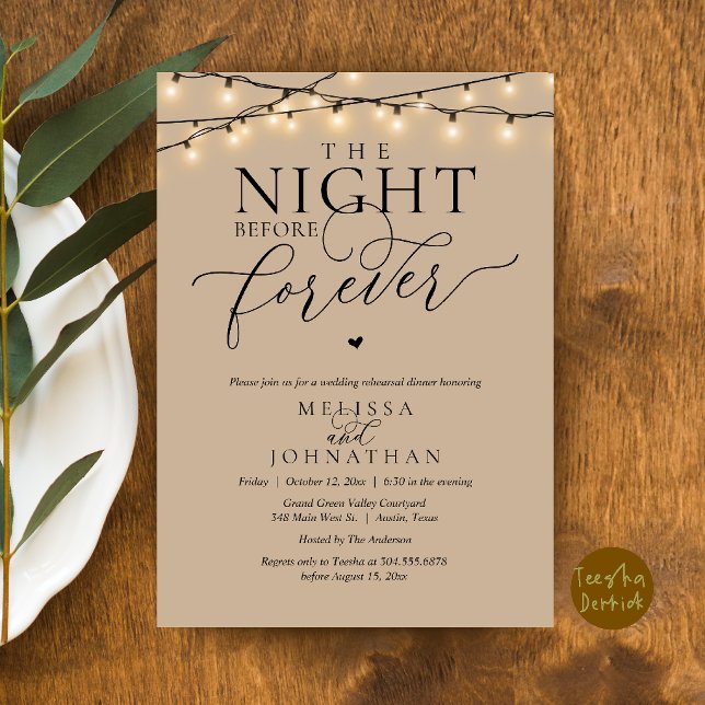 Convite Jantar de Ensaios Românticos da Noite Antes para S (The Night Before Forever Romantic Rehearsal Dinner Invitation Card Brown Tan String Lights)