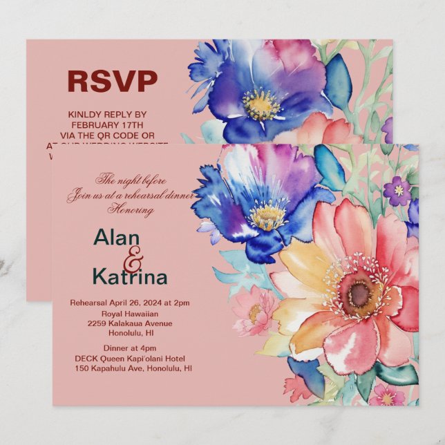 Convite Jantar de Ensaios Rosa Coral com Flores Ousadas (Frente/Verso)