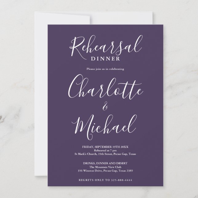 Convite Jantar de Ensaios Roxo com Rótulo Personalizado (Frente)