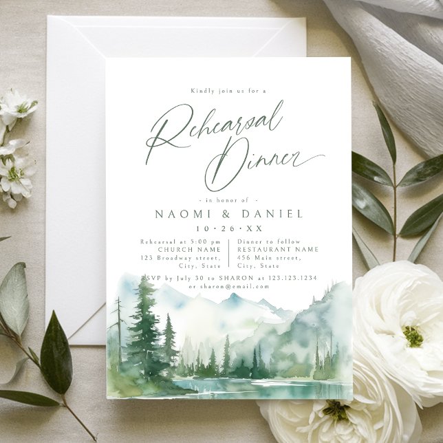 Convite Jantar de Ensaios Rústico da Floresta da Montanha  (Sage Mountain Forest Rustic Rehearsal Dinner Invitation)