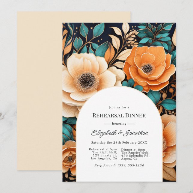 Convite Jantar de Ensaios Teal Burnt Orange & Champagne (Frente/Verso)