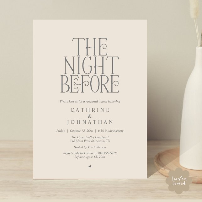 Convite Jantar de Ensaios "The Night Before" Cinza Creme (Minimalist "The Night Before" Rehearsal Dinner Invitation Card in Cream Grey)