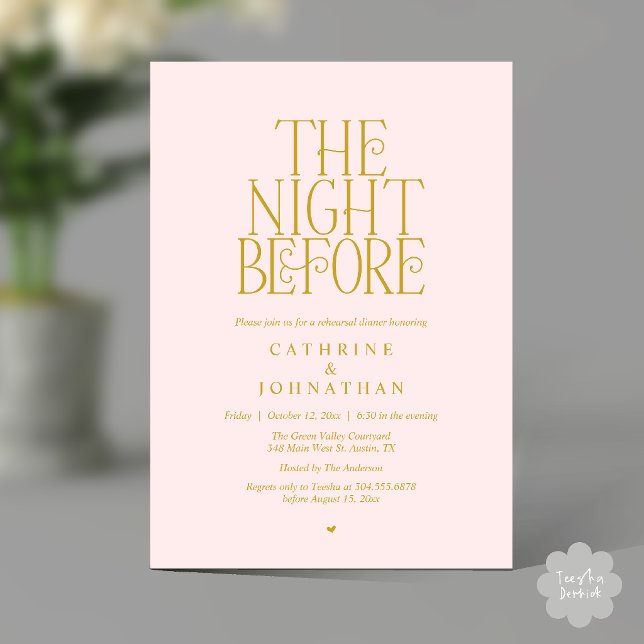 Convite Jantar de Ensaios "The Night Before" em Ouro Amare (Minimalist "The Night Before" Rehearsal Dinner Invitation Card in Blush Yellow Gold)