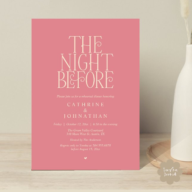 Convite Jantar de Ensaios "The Night Before" Rosa Empoeira (Minimalist "The Night Before" Rehearsal Dinner Invitation Card in Dusty Rose Pink)