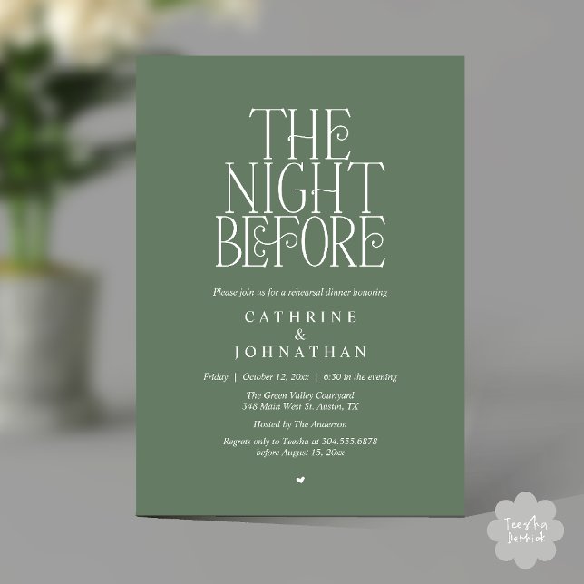 Convite Jantar de Ensaios "The Night Before" Verde Salvia (Minimalist "The Night Before" Rehearsal Dinner Invitation Card in Sage Green)