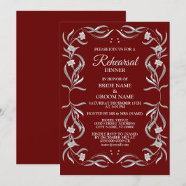 Convite Jantar de Ensaios Vermelho com Padrão Floral Prata