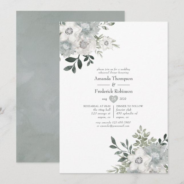 Convite Jantar de Ensaios Watercolor Silver Sage (Frente/Verso)