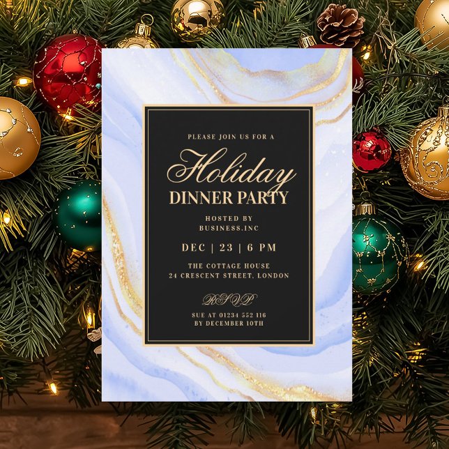 Convite Jantar de Férias em Azul Marinho Formal com Glamou (Formal Navy Blue Glam FAUX Marble Holiday Dinner Invitation)