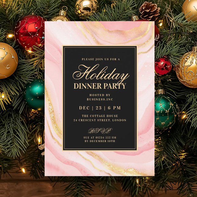 Convite Jantar de Férias em Mármore Falso com Glamour de O (Formal Rose Gold Glam FAUX Marble Holiday Dinner Invitation)