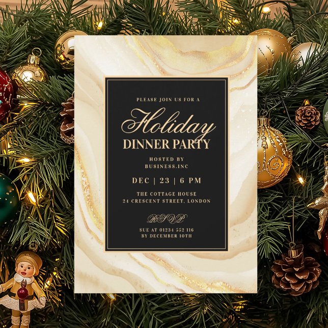 Convite Jantar de Férias em Mármore Falso com Glamour Dour (Formal Gold Glam FAUX Marble Holiday Dinner Invitation)
