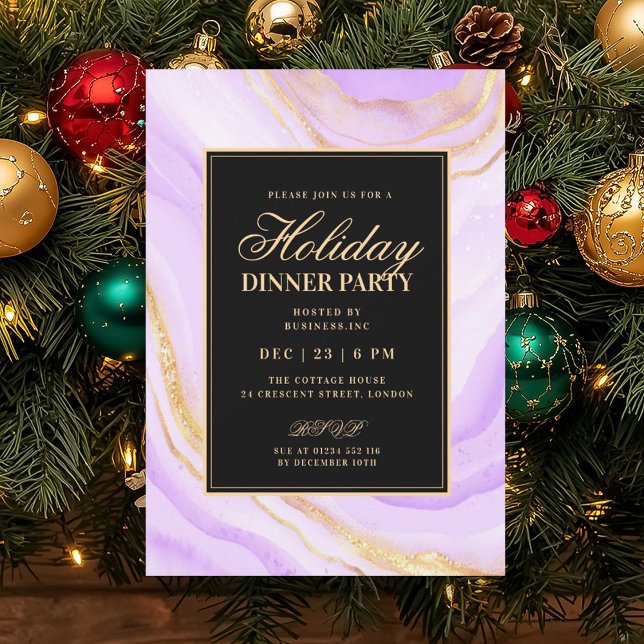 Convite Jantar de Férias em Mármore Falso Glamour Roxo For (Formal Purple Glam FAUX Marble Holiday Dinner Invitation)