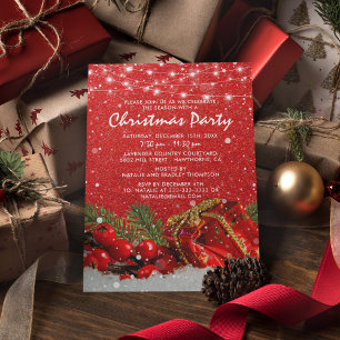 Convite Jantar de Festa de Natal com Brilho Vermelho