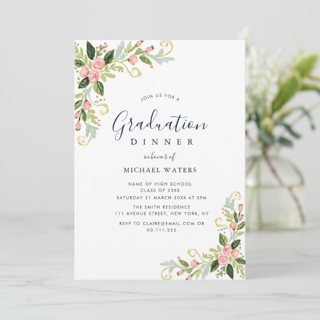 Convite Jantar de formatura com elegante escrita floral (Em pé/Frente)