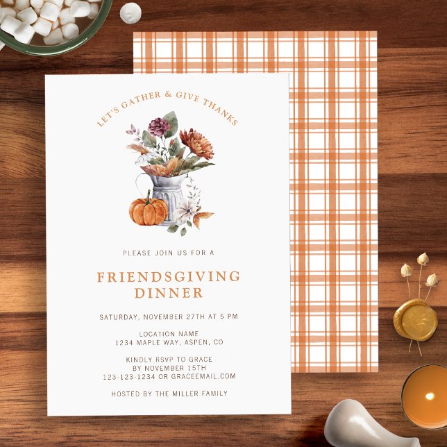 Convite Jantar de Friendsgiving (Chic and stylish Orange White Floral Friendsgiving Dinner invitation by Painted Paperie
)