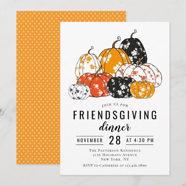 Convite Jantar de Friendsgiving Abóboras Florais Modernas (Frente/Verso)