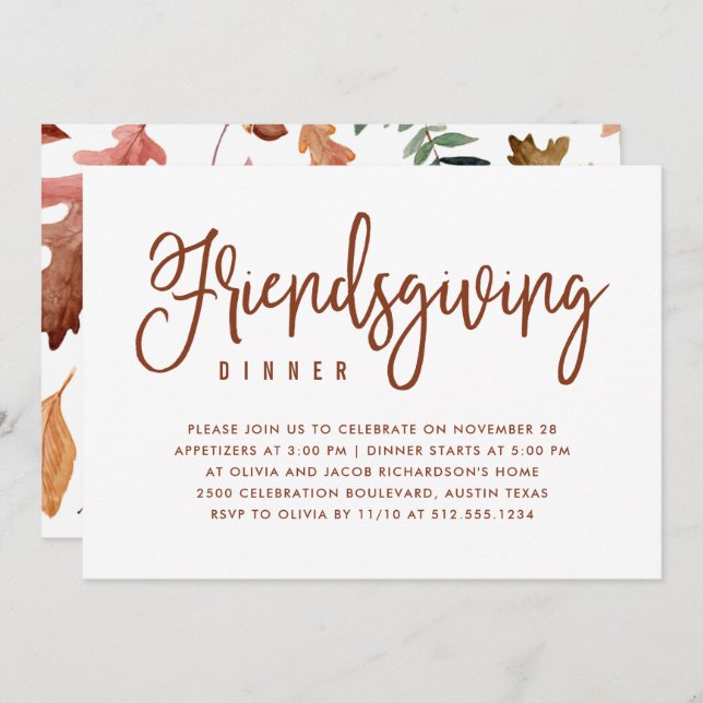 Convite Jantar de Friendsgiving | Branco com Folhas de Out (Frente/Verso)