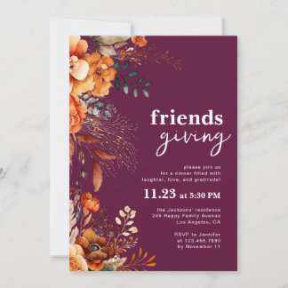 Convite Jantar de Friendsgiving classe bordô floral