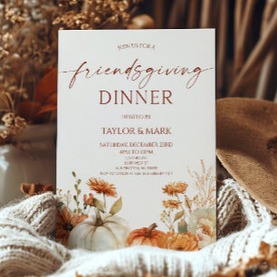 Convite Jantar de Friendsgiving com Abóbora Floral Rústica