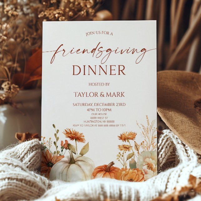 Convite Jantar de Friendsgiving com Abóbora Floral Rústica (Criador carregado)