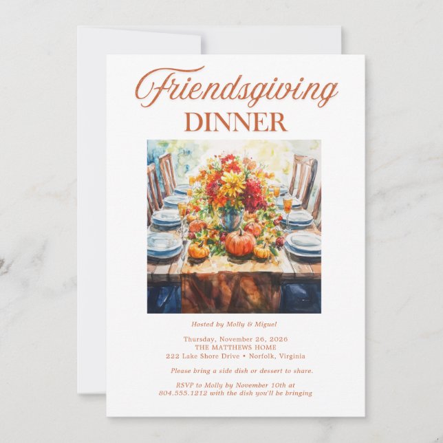 Convite Jantar de Friendsgiving em Aquarela | Potluck de O (Frente)