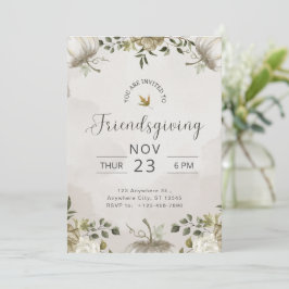 Convite Jantar de Friendsgiving Floral Branco e Bege