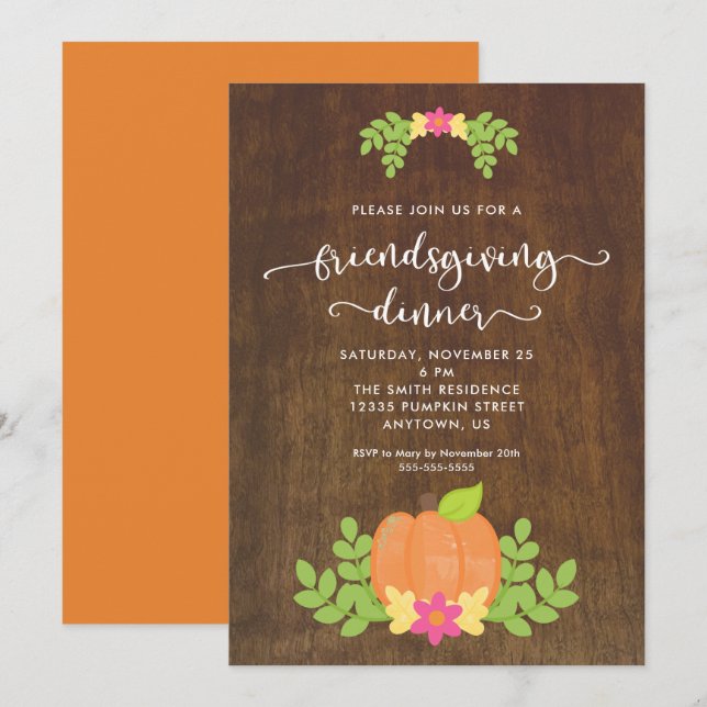 Convite Jantar de Friendsgiving Rústico Abóbora e Verdor (Frente/Verso)